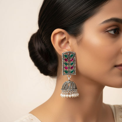 Regal leaffall stone studded jhumki earrings (Multicolored)