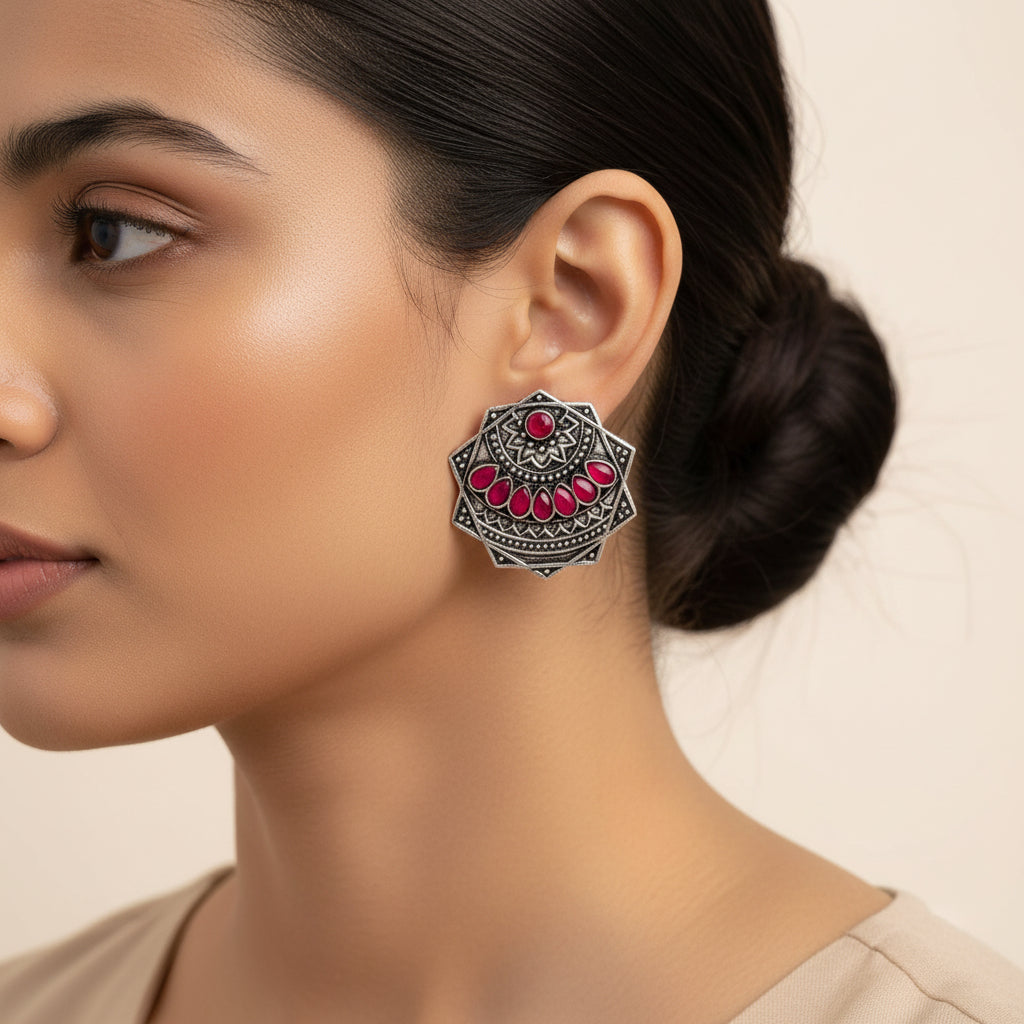 Mandala Hexa stud earrings (Red)