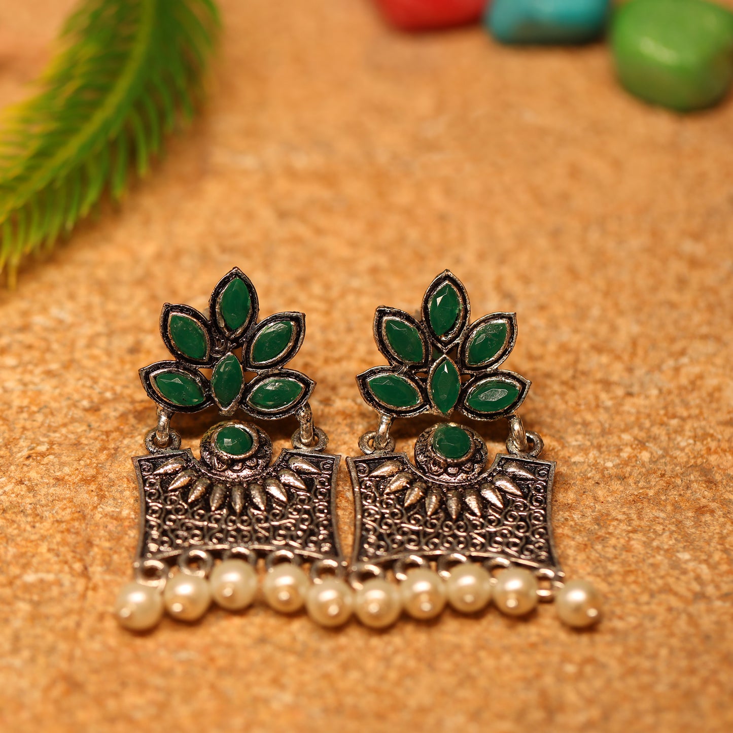 Flora-Aura stone studded dangler earrings (Green)
