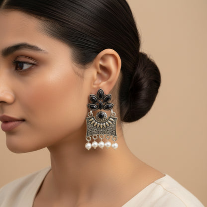 Flora-Aura stone studded dangler earrings (Black)