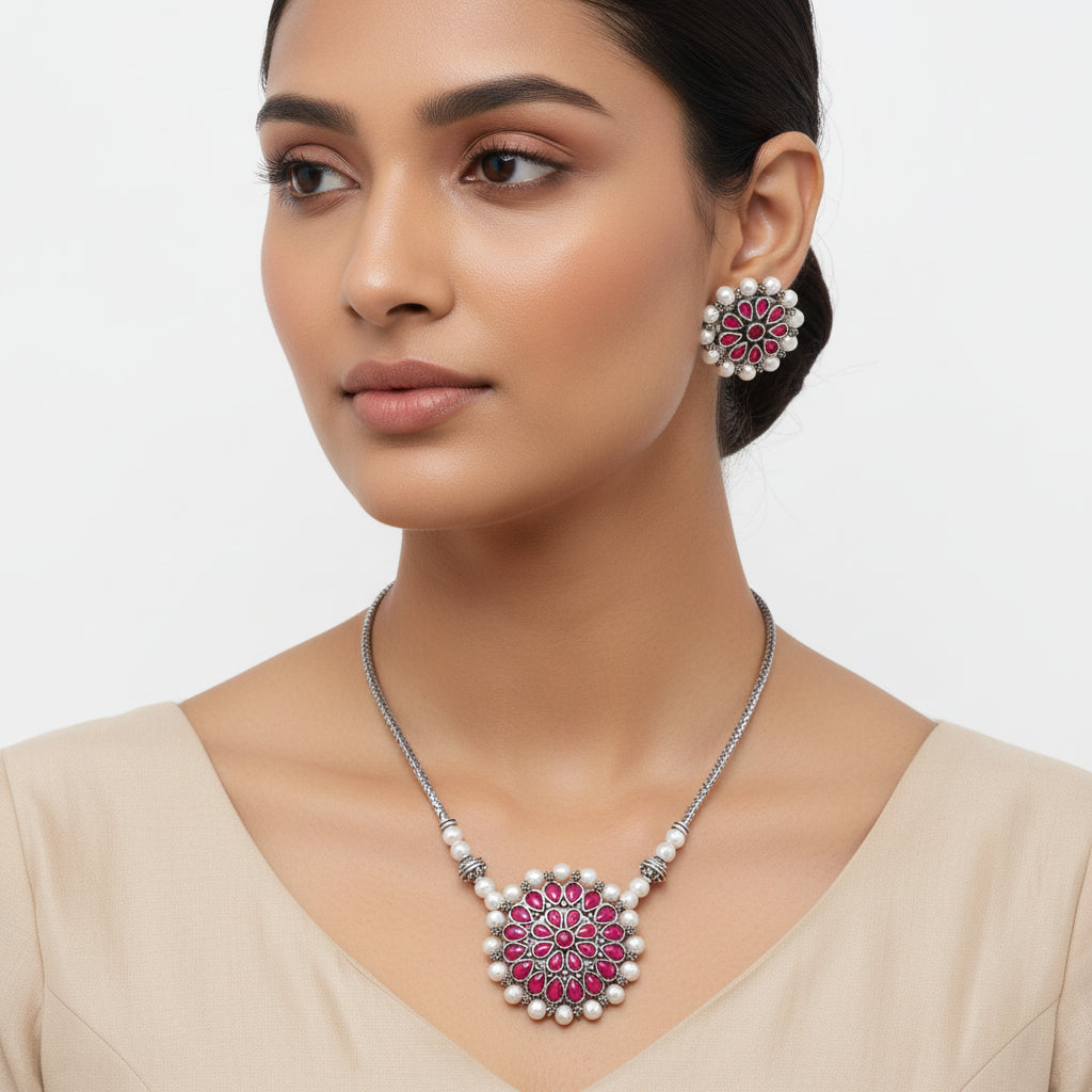 Crystal bloom oxidised chain neckpiece (Red)