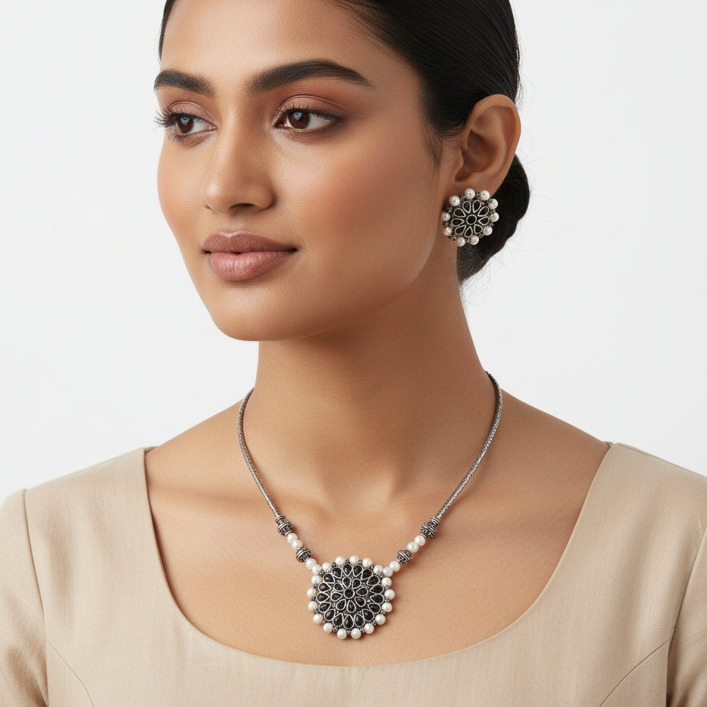 Crystal bloom oxidised chain neckpiece (Black)