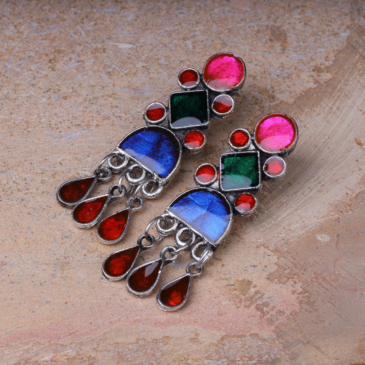 Multicolored Meenakari Oxidised Danglers