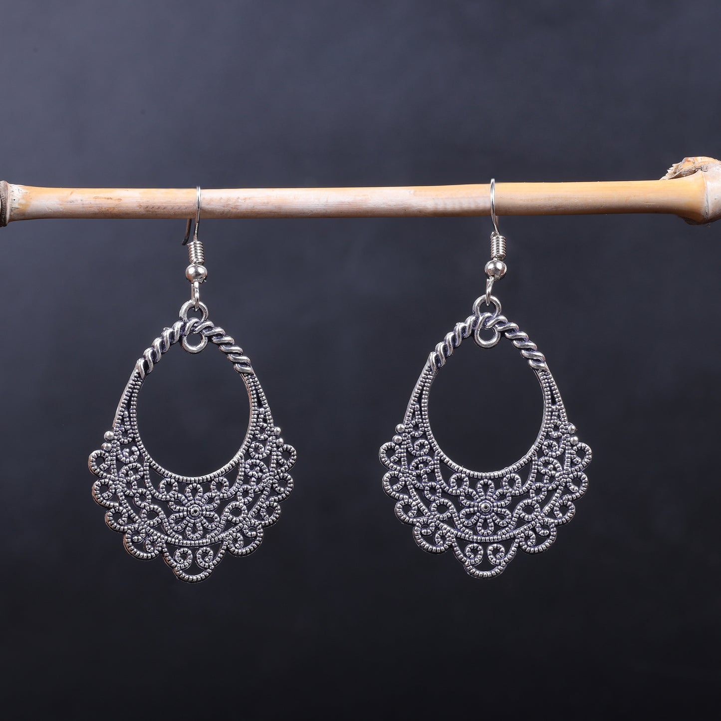 Intricate Flower German Silver Dangler Earrings