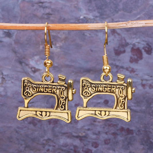 Sewing Machine Shaped Golden Polished Oxidised Danglers