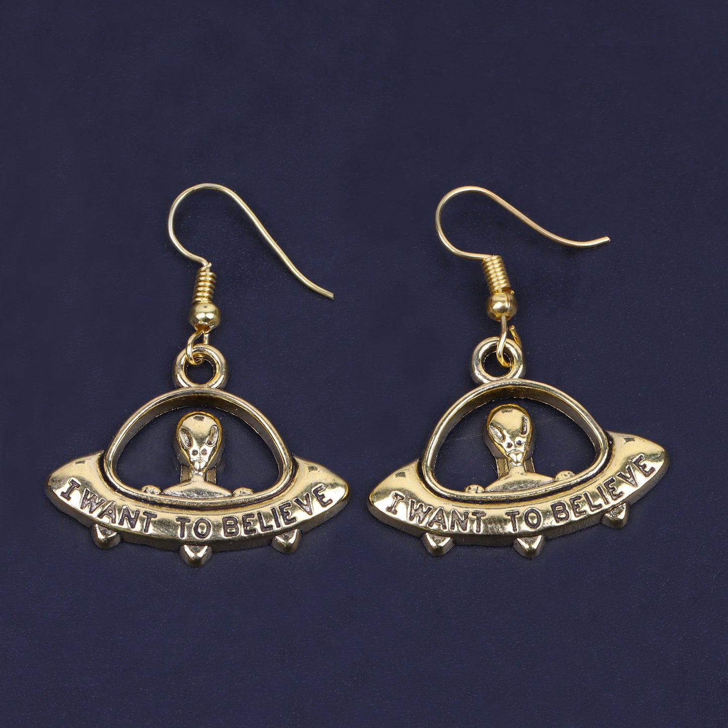 Alien Spaceship Shaped Golden Polished Oxidised Danglers