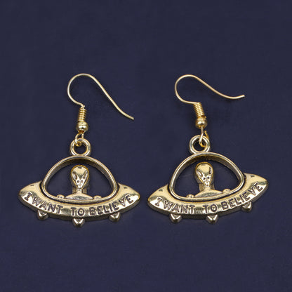 Alien Spaceship Shaped Golden Polished Oxidised Danglers
