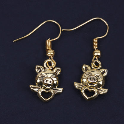 Pig Heart Shaped Golden Polished Oxidised Danglers