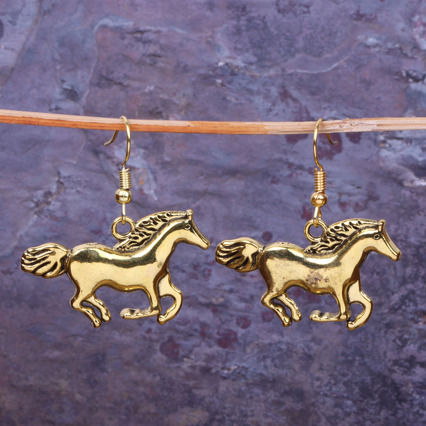 Horse Shaped Golden Polished Oxidised Danglers