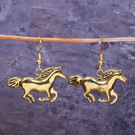 Horse Shaped Golden Polished Oxidised Danglers