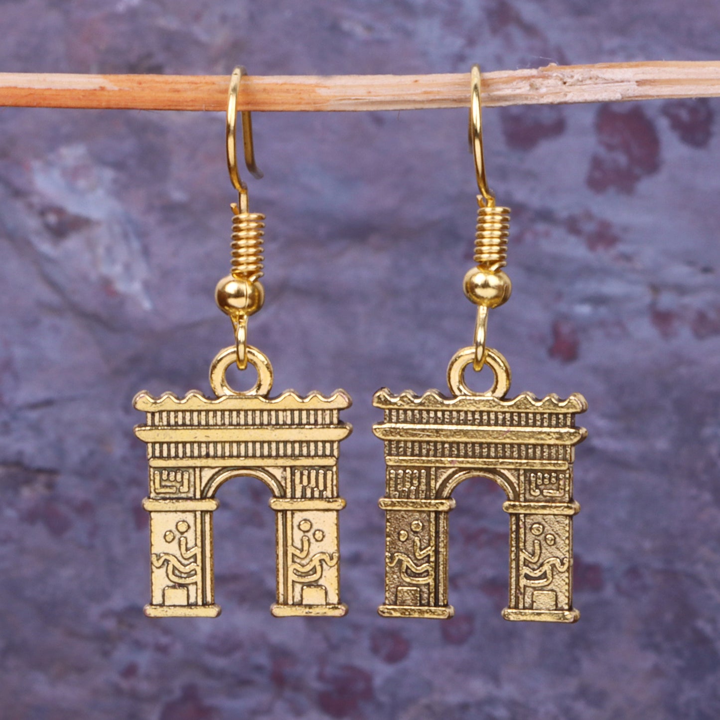Arc De Triomphe Shaped Golden Polished Oxidised Danglers