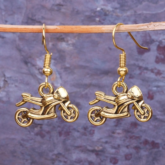 Sports Bike Shaped Golden Polished Oxidised Danglers