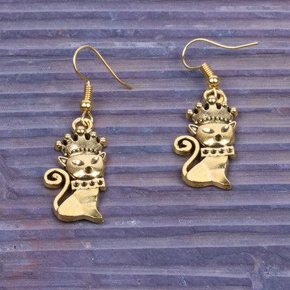Queen Cat Shaped Golden Polished Oxidised Danglers
