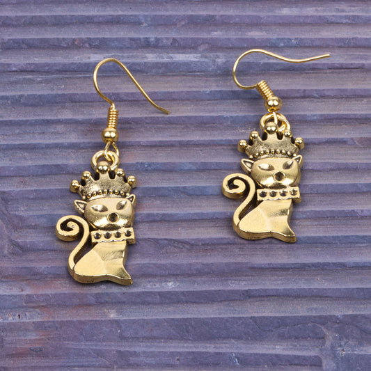 Queen Cat Shaped Golden Polished Oxidised Danglers