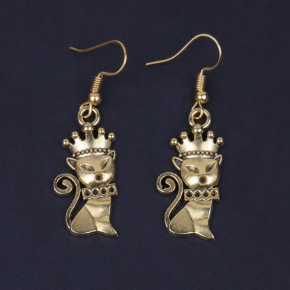 Queen Cat Shaped Golden Polished Oxidised Danglers