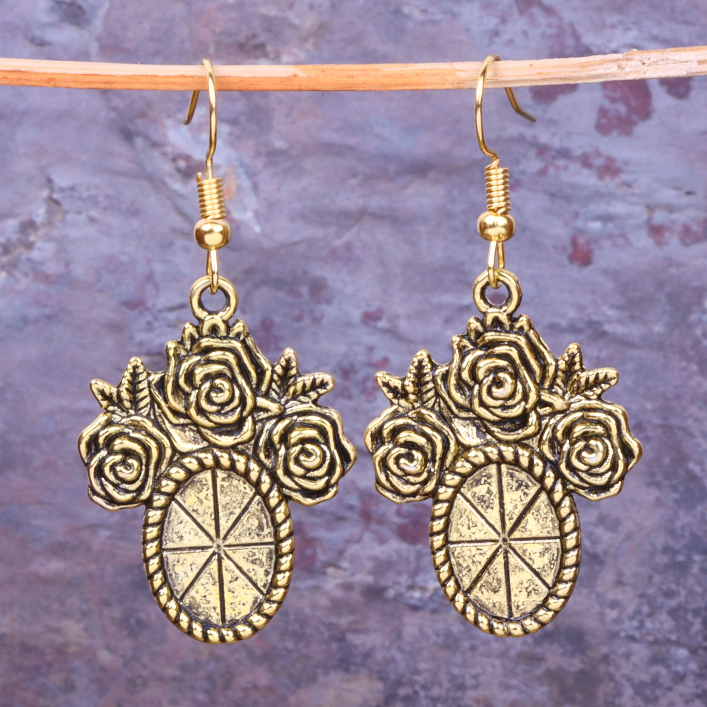 Vintage Oval Flower Shaped Golden Polished Oxidised Danglers