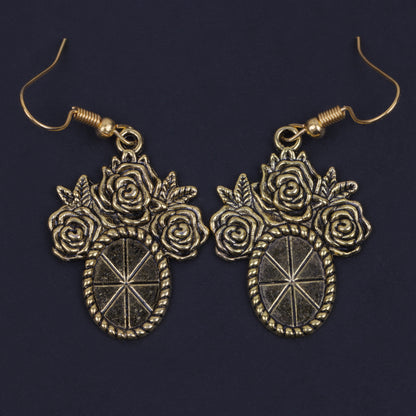 Vintage Oval Flower Shaped Golden Polished Oxidised Danglers