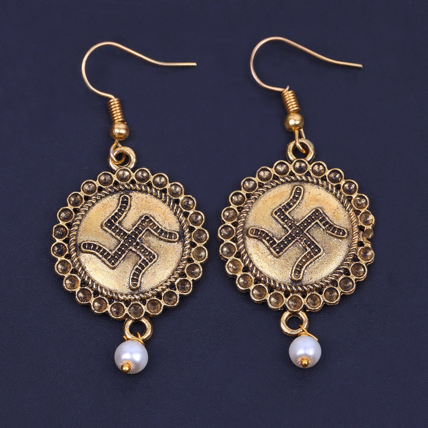 Swastik Shaped Golden Polished Oxidised Danglers
