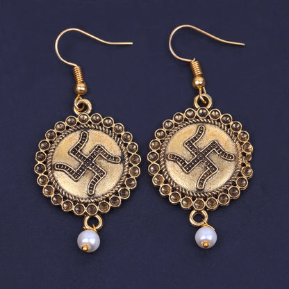 Swastik Shaped Golden Polished Oxidised Danglers
