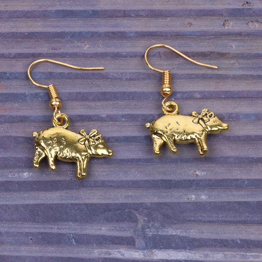 Piggy Shaped Golden Polished Oxidised Danglers