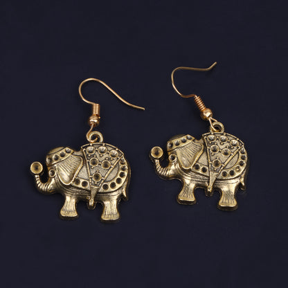 Fancy Elephant Shaped Golden Polished Oxidised Danglers