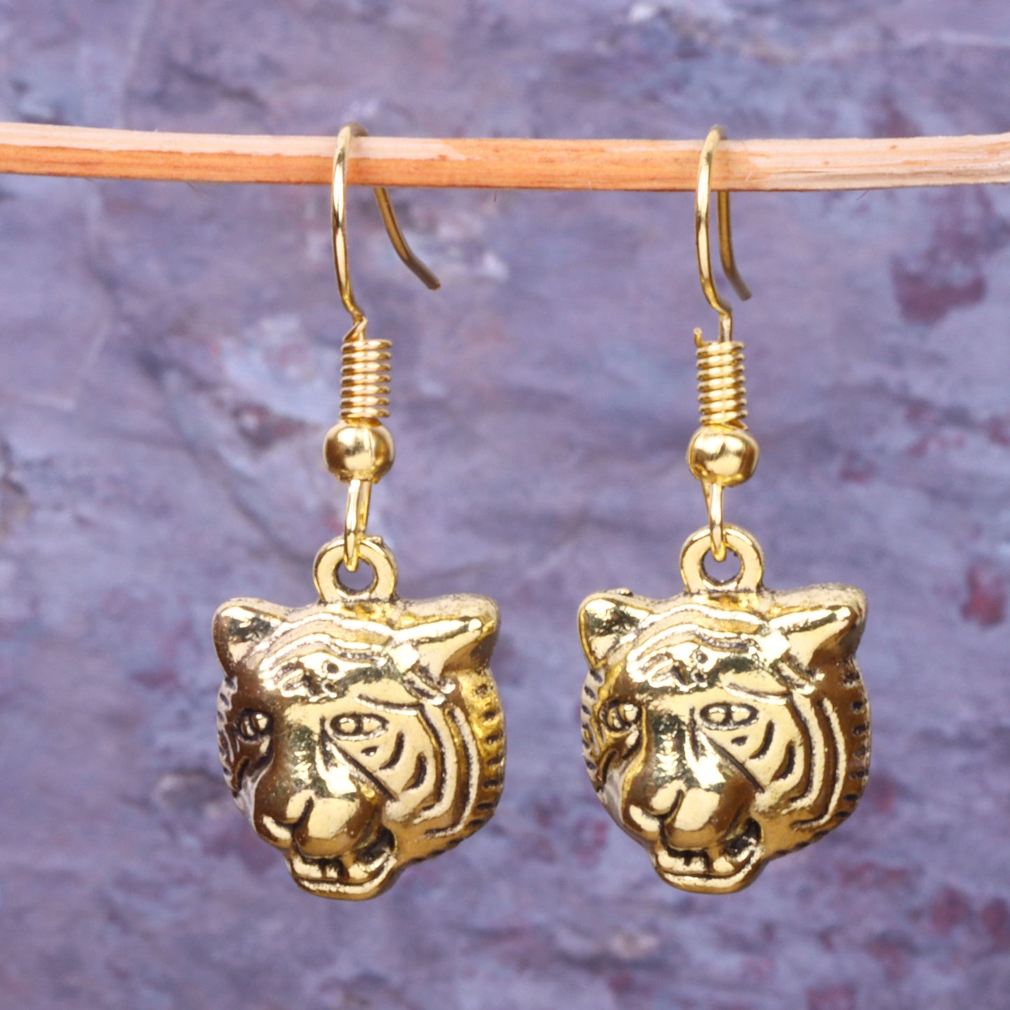 Tiger Head Shaped Golden Polished Oxidised Danglers