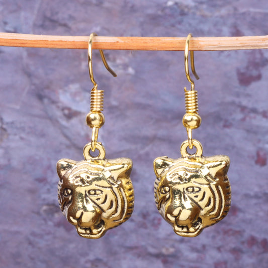 Tiger Head Shaped Golden Polished Oxidised Danglers