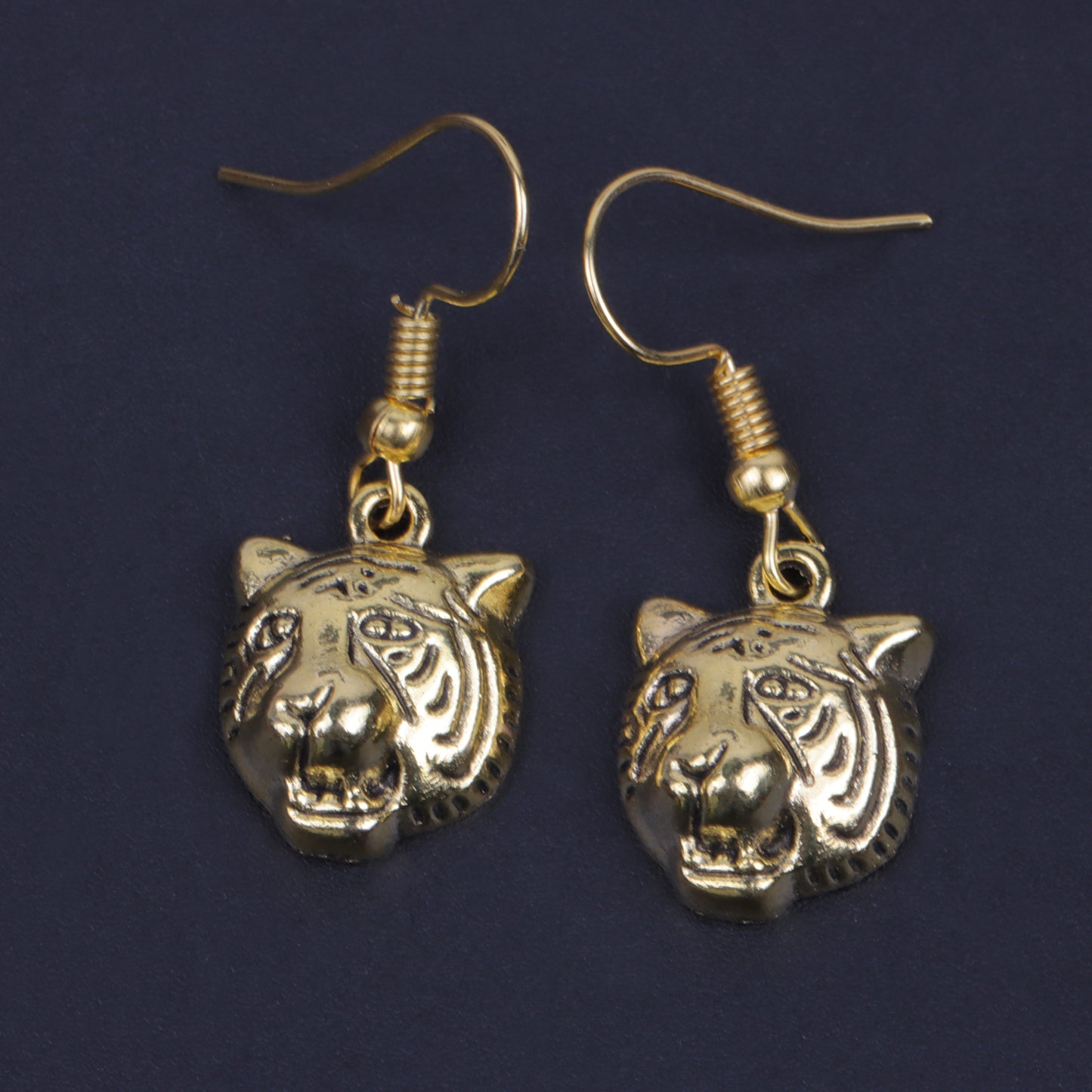 Tiger Head Shaped Golden Polished Oxidised Danglers