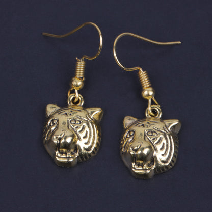 Tiger Head Shaped Golden Polished Oxidised Danglers