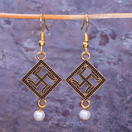 Swastik Shaped Golden Polished Oxidised Danglers