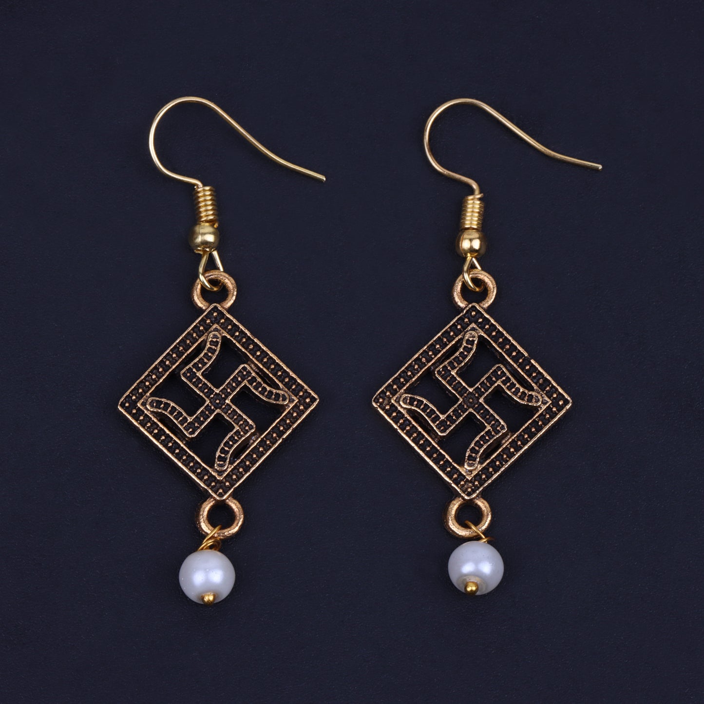 Swastik Shaped Golden Polished Oxidised Danglers