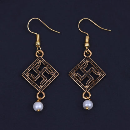 Swastik Shaped Golden Polished Oxidised Danglers