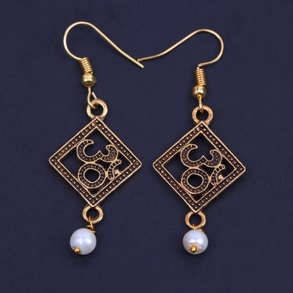 Om Shaped Golden Polished Oxidised Danglers