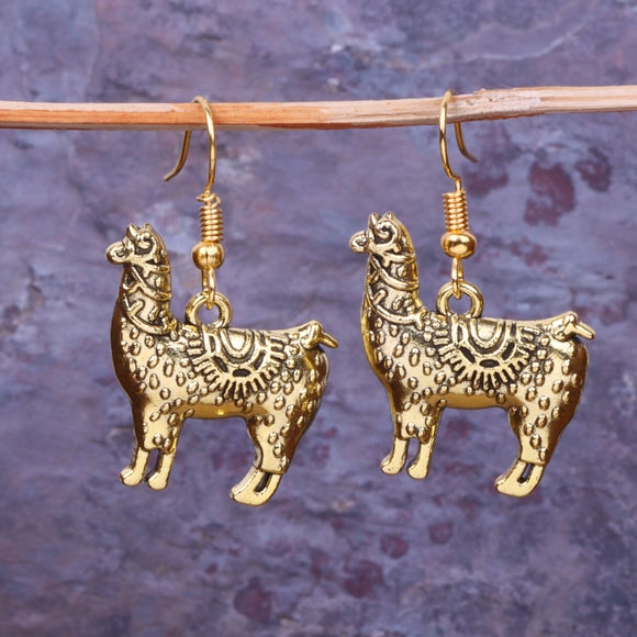 Llama Animal Shaped Golden Polished Oxidised Danglers