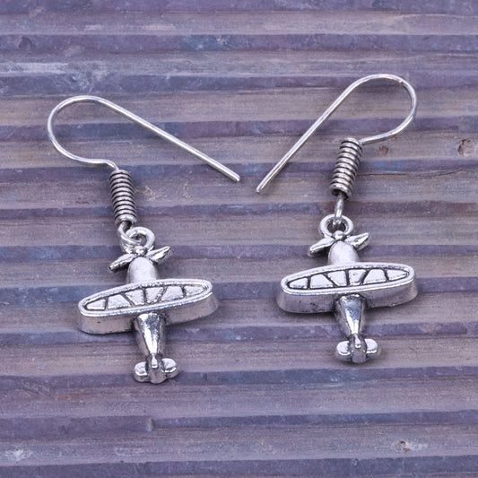 Airplane Shaped Silver Polished Oxidised Danglers