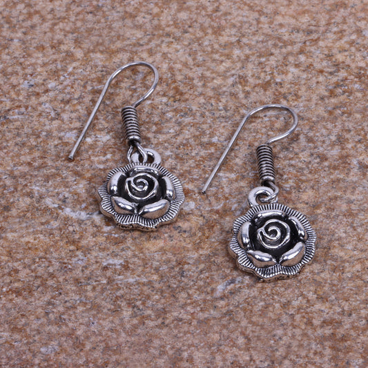 Rose Flower Shaped Silver Polished Oxidised Danglers