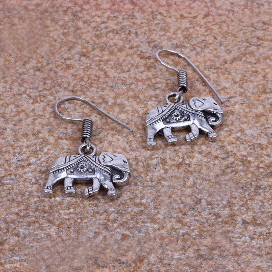Elephant Shaped Silver Polished Oxidised Danglers