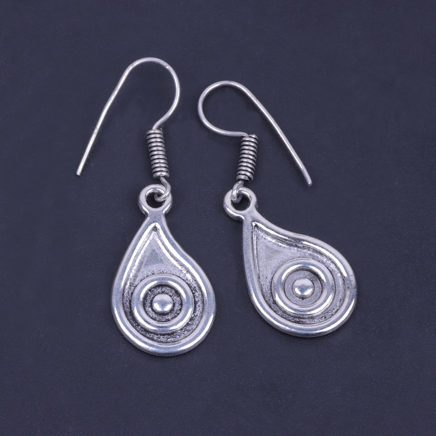 Water Drop Shaped Silver Polished Oxidised Danglers