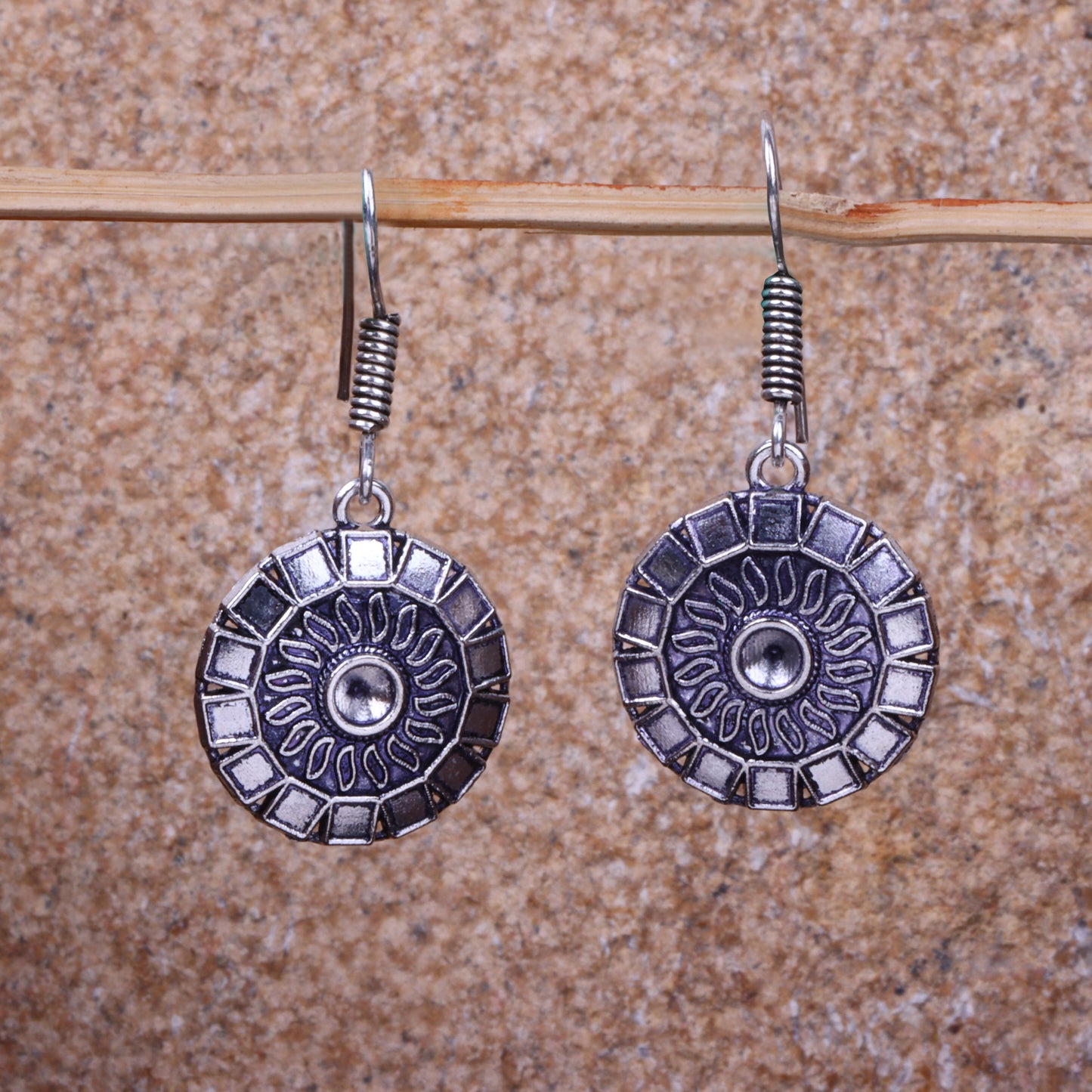 Sunrise Shaped Silver Polished Oxidised Danglers
