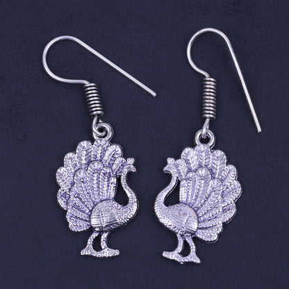 Peacock Shaped Silver Polished Oxidised Danglers