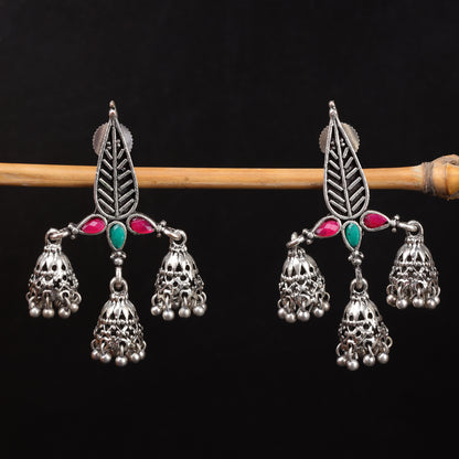 Multicolored Stone Studded Beautiful Triangular Oxidised Earrings With Hanging Jhumkis