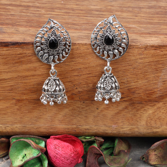 Black Stone Studded Oxidised Earrings With Hanging Jhumki