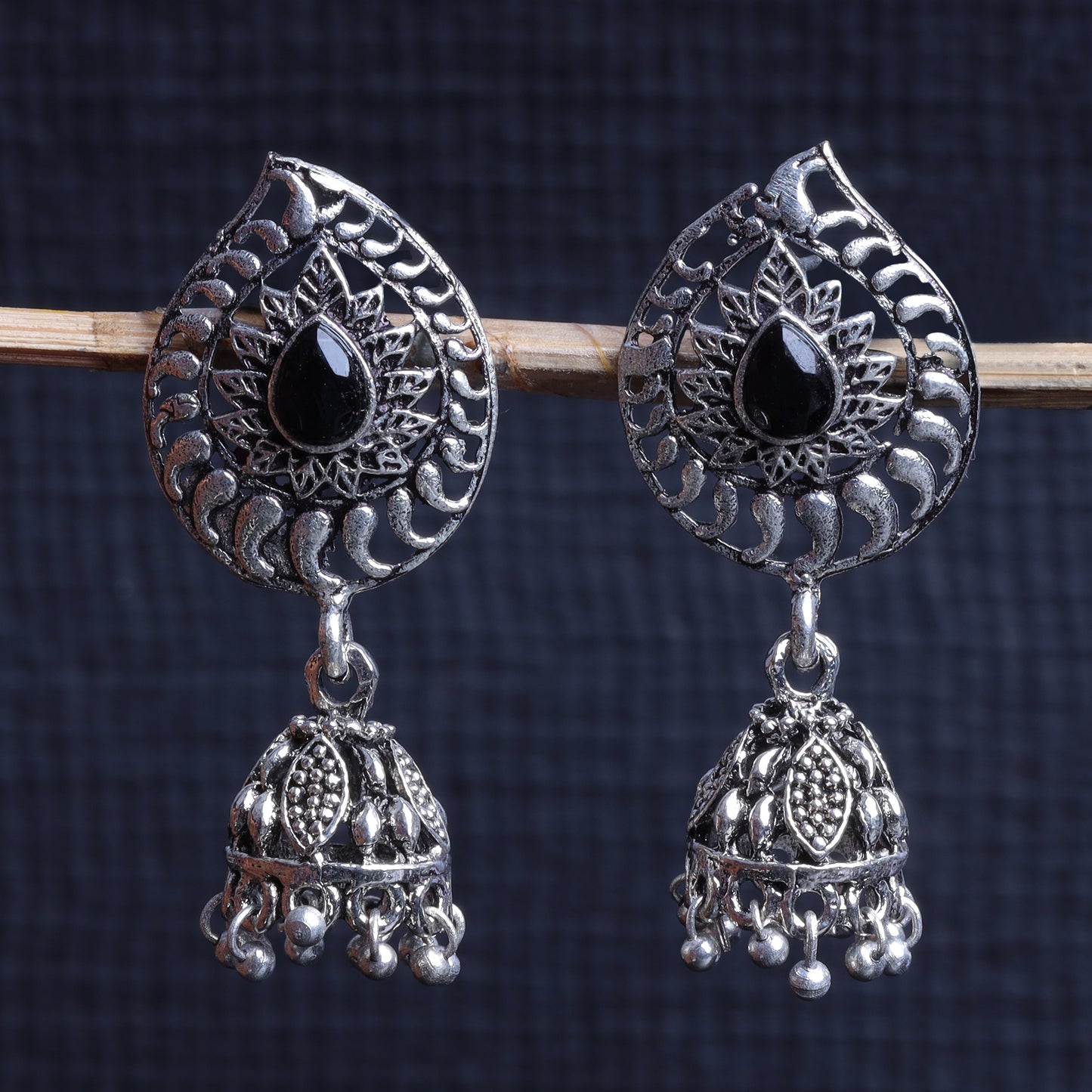 Black Stone Studded Oxidised Earrings With Hanging Jhumki