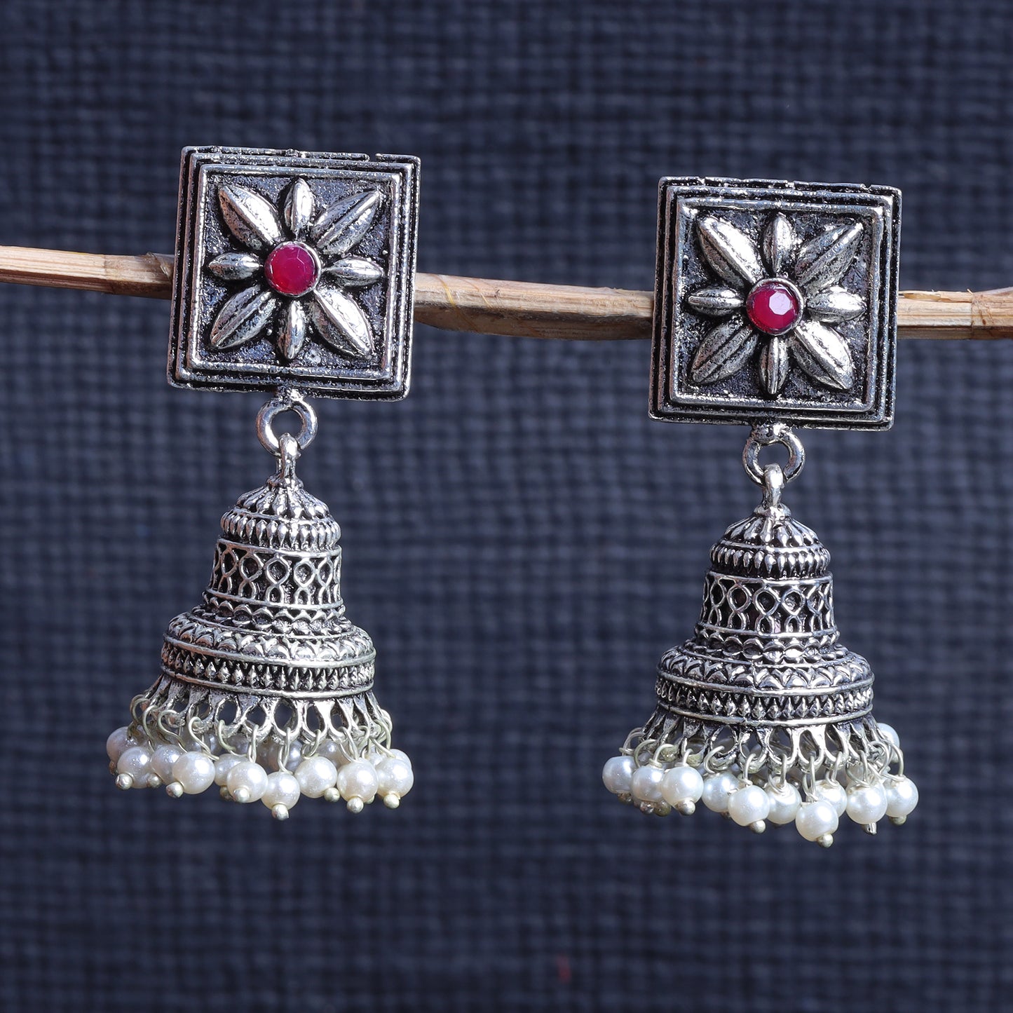 Red Stone Studded Oxidised Earrings With Hanging Pearls