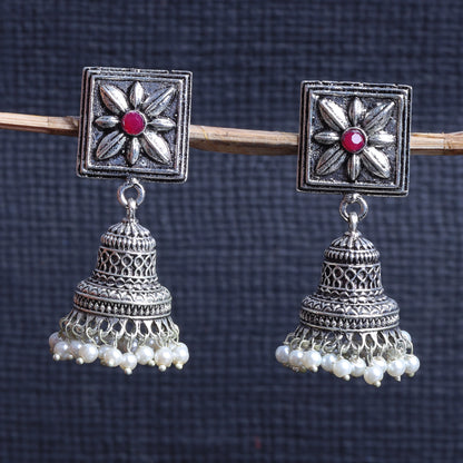 Red Stone Studded Oxidised Earrings With Hanging Pearls