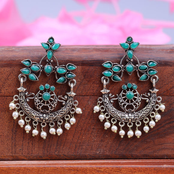Green Stone Studded Beautiful Oxidised Danglers With Hanging Baby Pearls