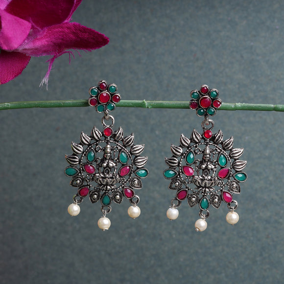 Multicolor Stone Studded Laxmi Motif Oxidised Earrings With Hanging Pearls