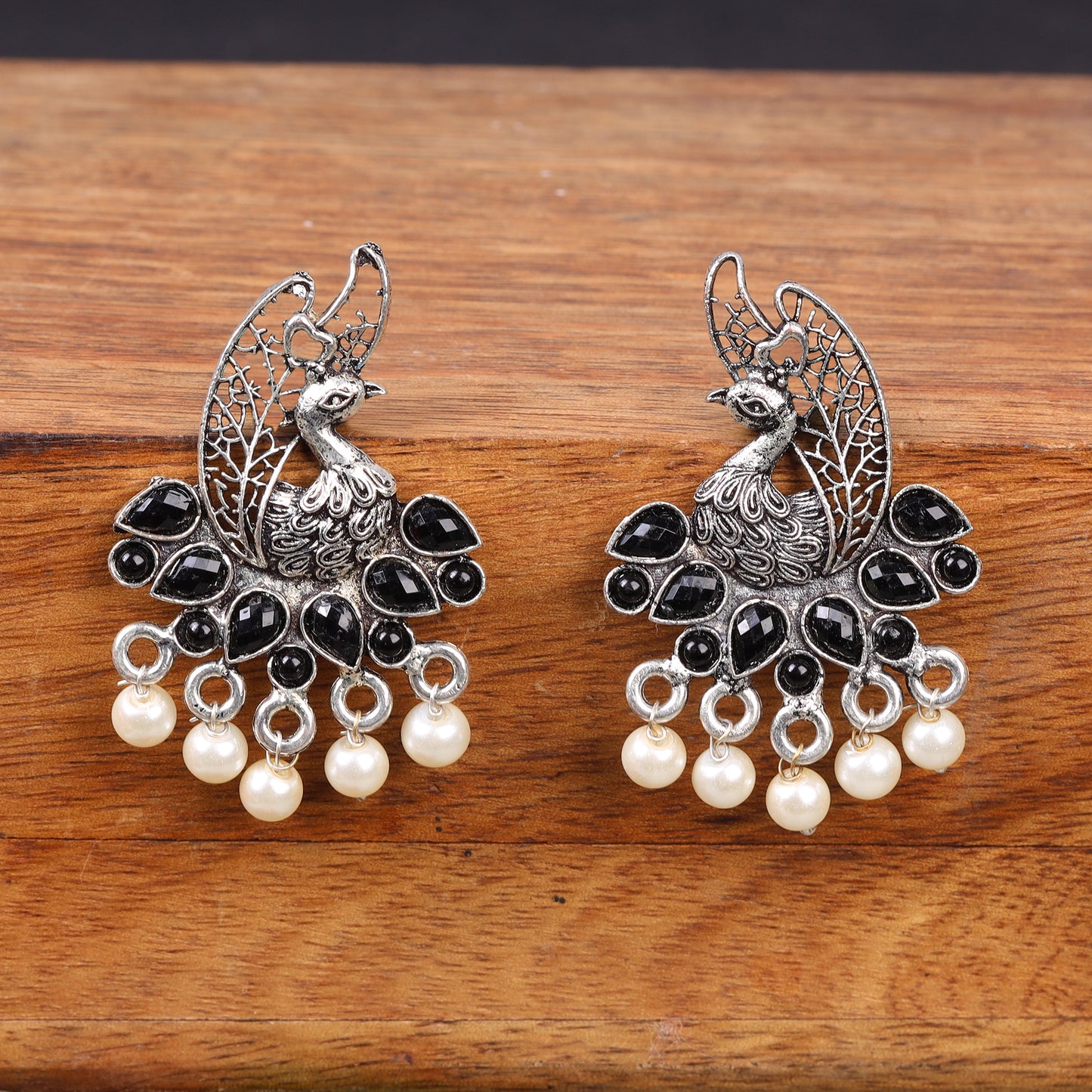 Black Stone Studded Peacock Earrings