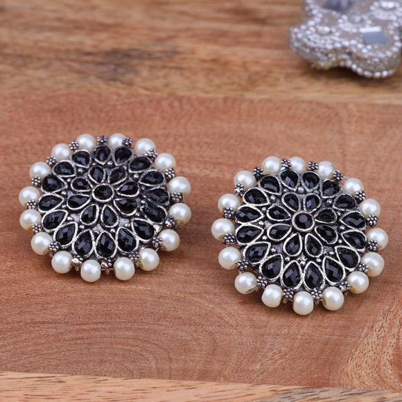 Black Stone Studded Round Oxidised Studs With Embellished Pearls
