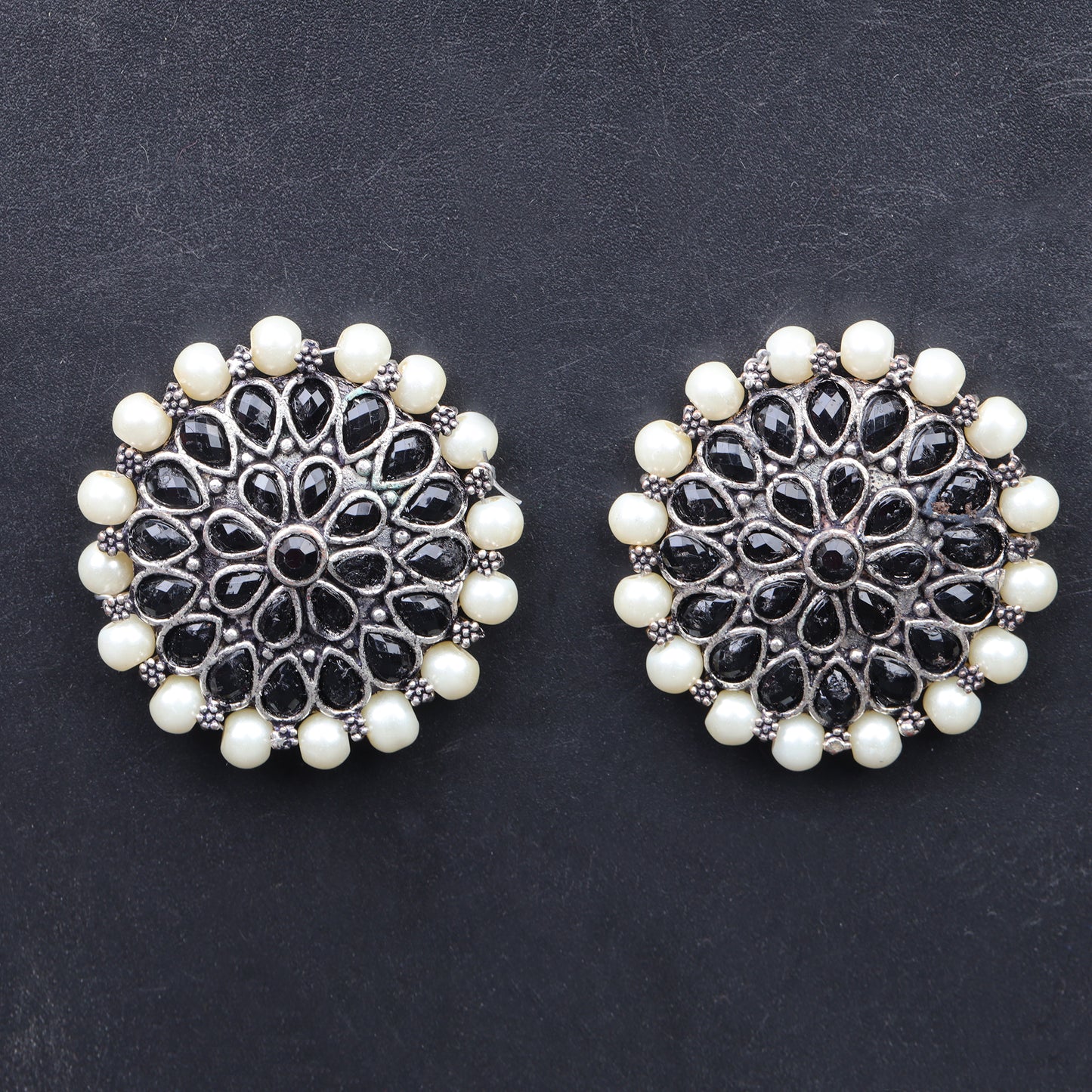 Black Stone Studded Round Oxidised Studs With Embellished Pearls